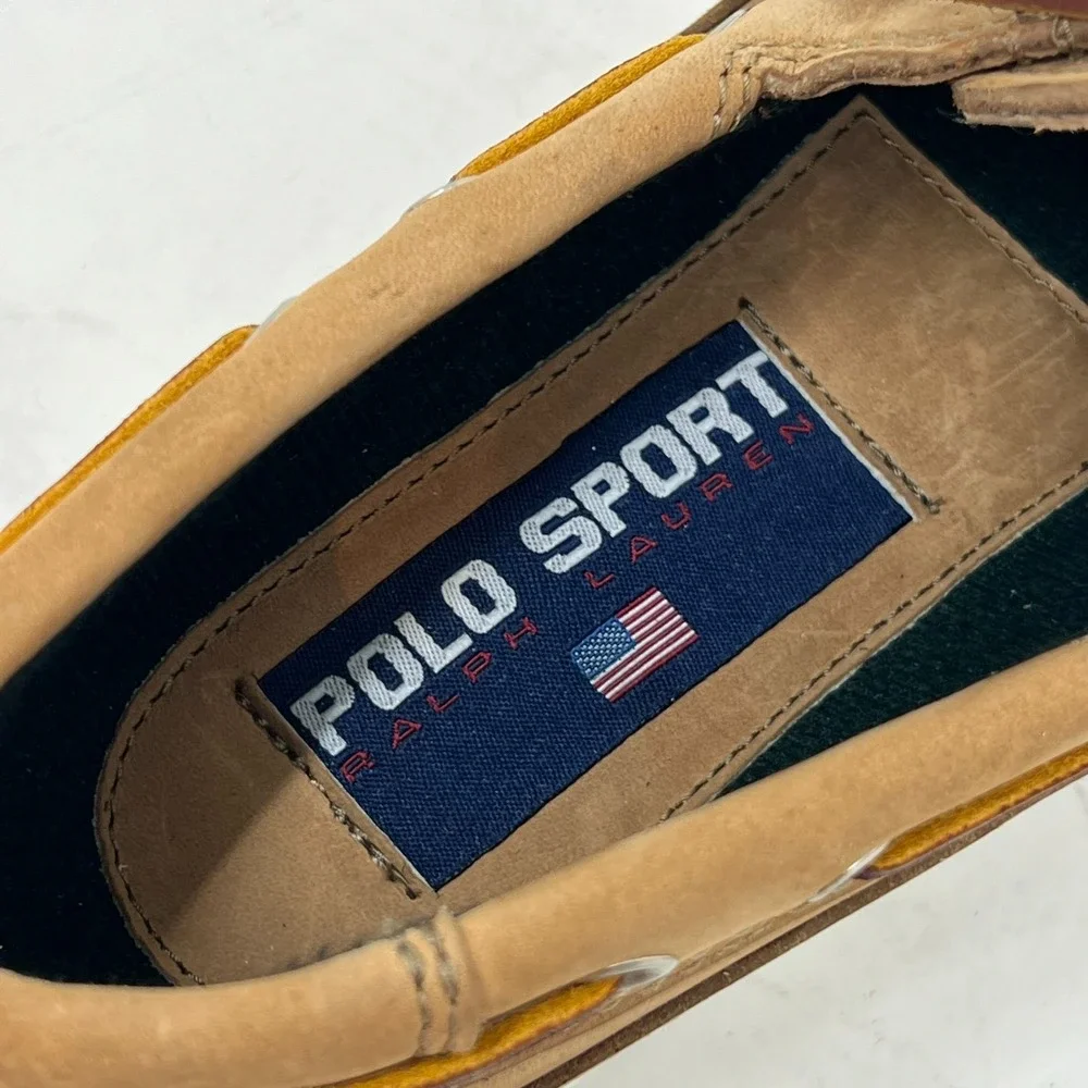Polo Sport‎ Ralph Lauren Boat Shoes Tan Leather Moc Toe Beige Men's 8.5D VTG NEW